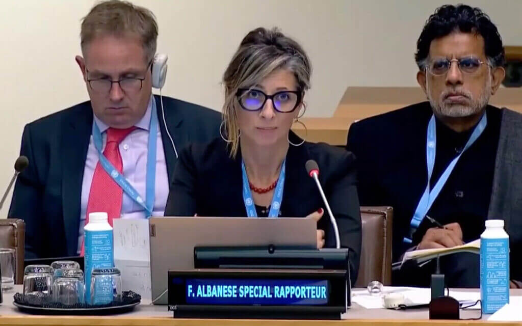 UN Special Rapporteur Francesca Albanese addresses the UN, October 2022. (Image: Screenshot/YouTube)